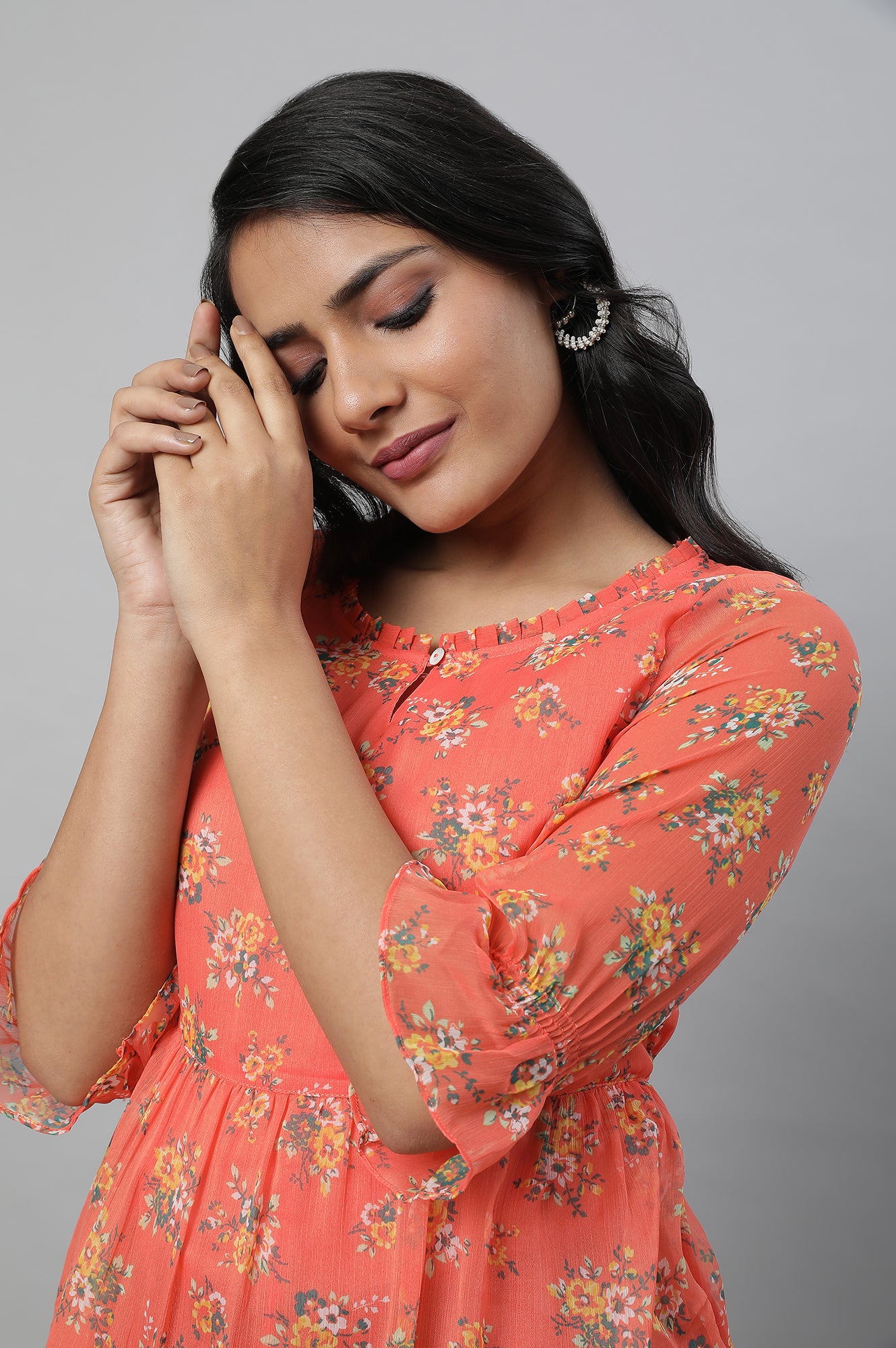 Orange Chiffon Floral Print Short kurta