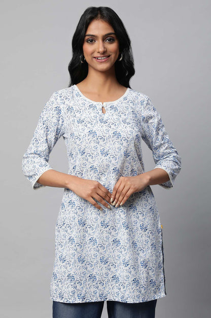 White Floral Printed Short Cotton kurta