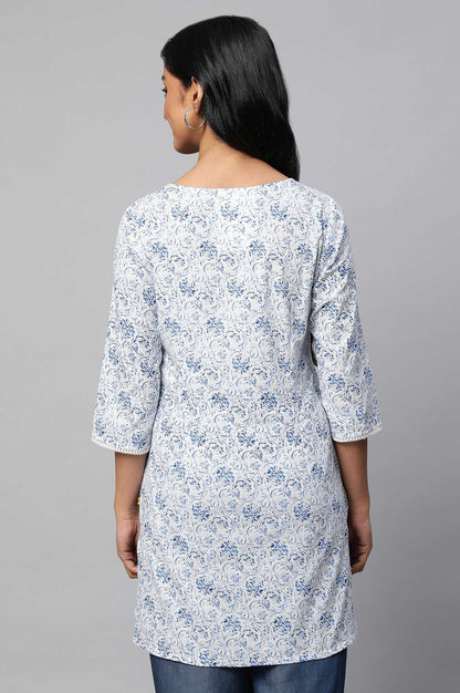 White Floral Printed Short Cotton kurta