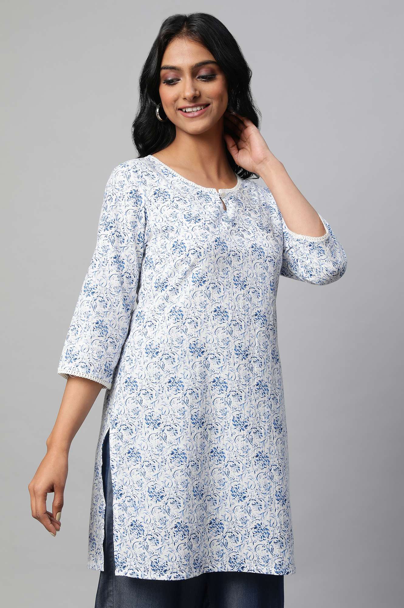 White Floral Printed Short Cotton kurta