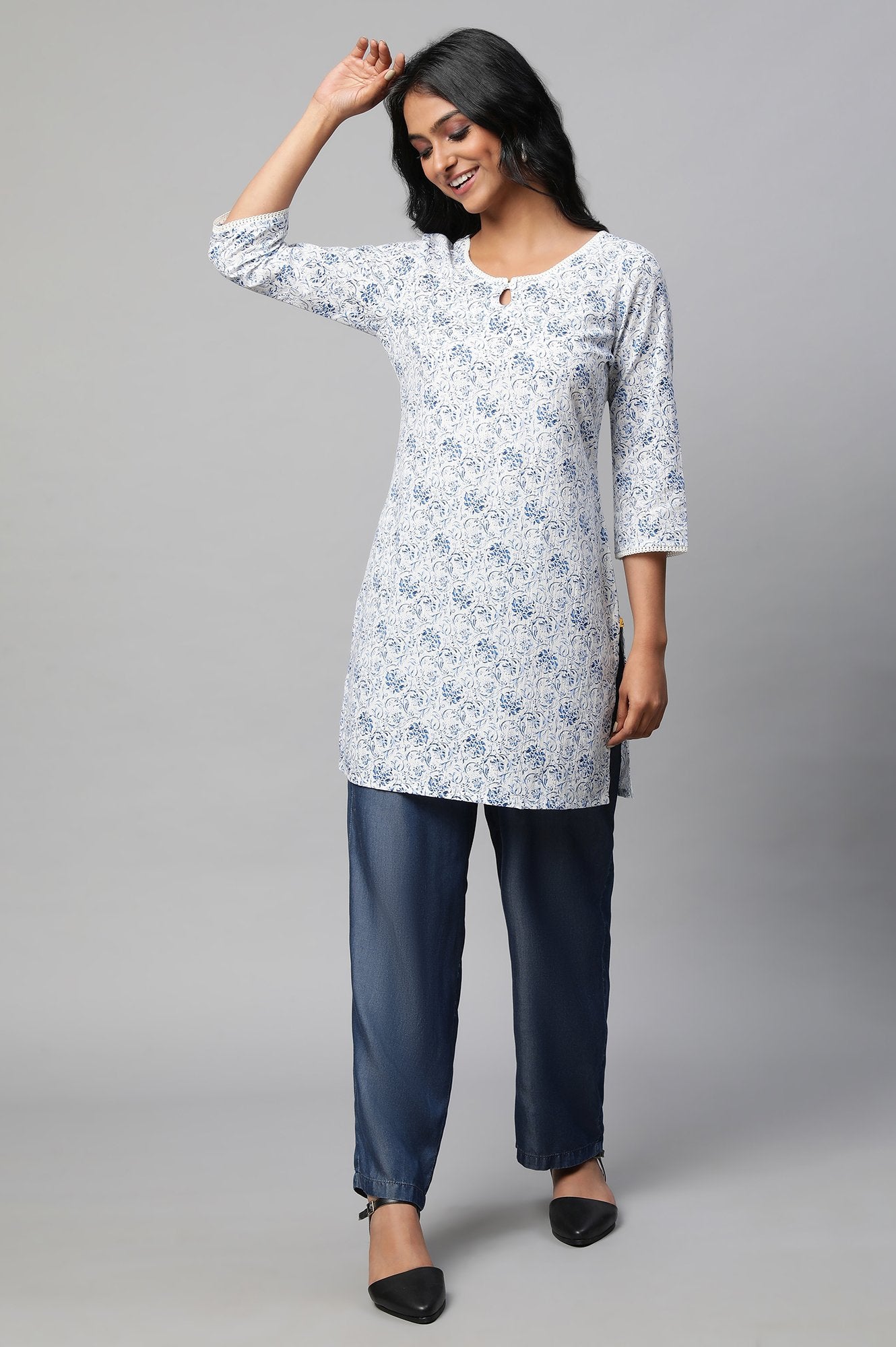 White Floral Printed Short Cotton kurta