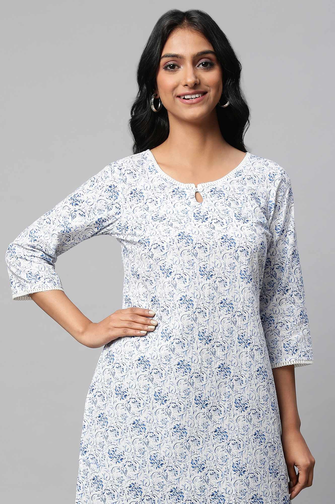 White Floral Printed Short Cotton kurta