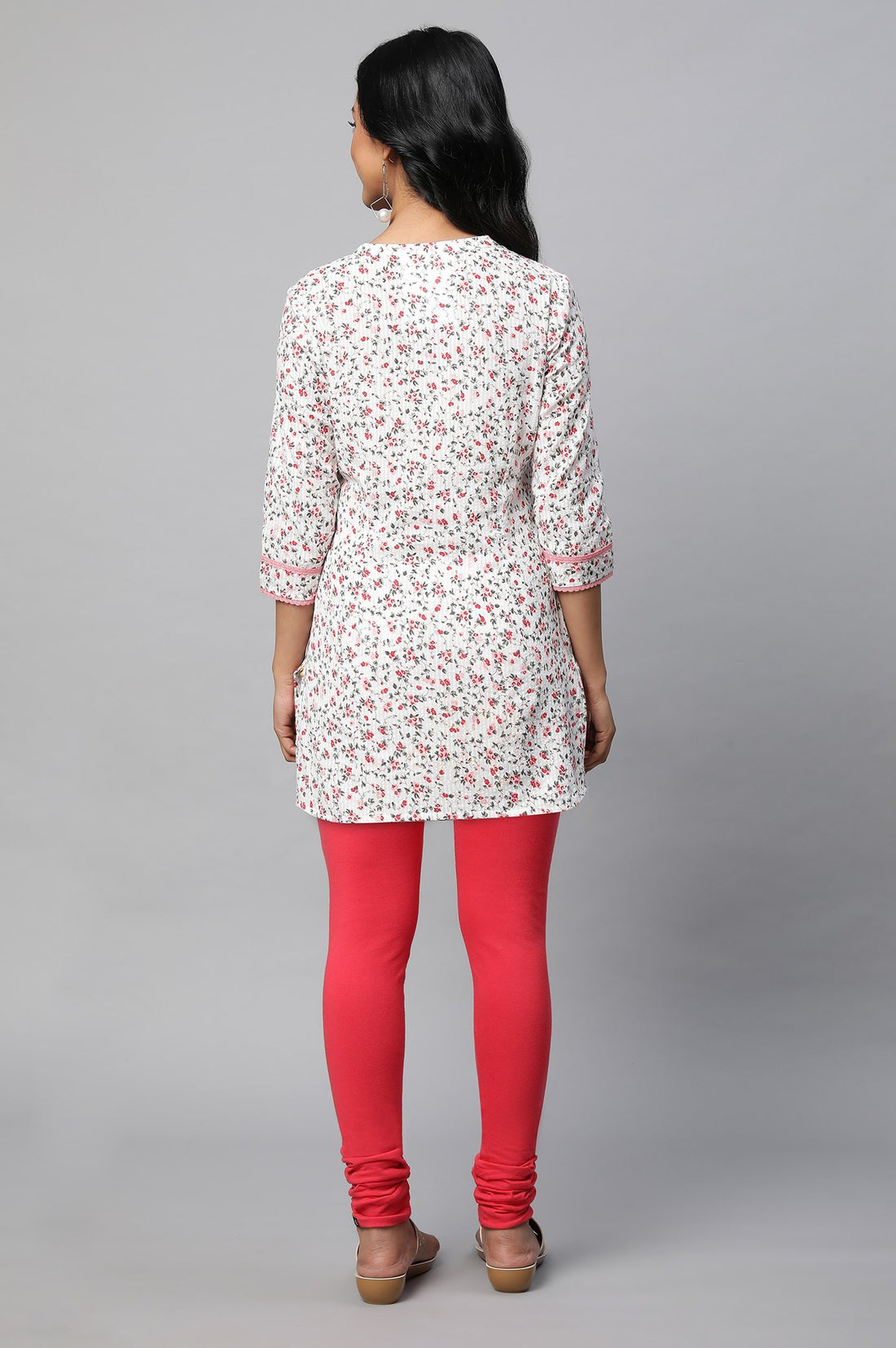 White Floral Printed Textured Cotton Kurta