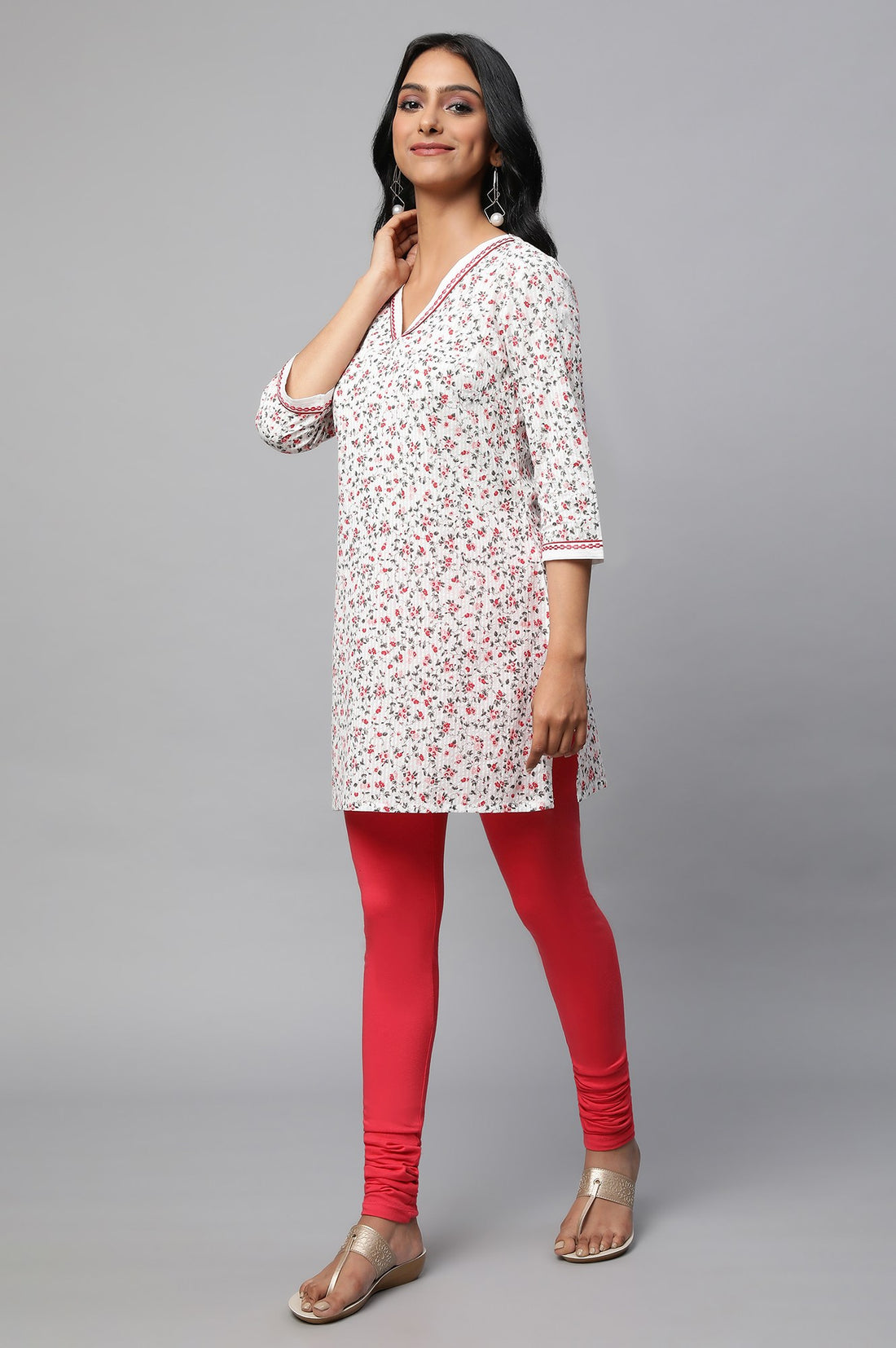 White Floral Printed Textured Cotton Kurta
