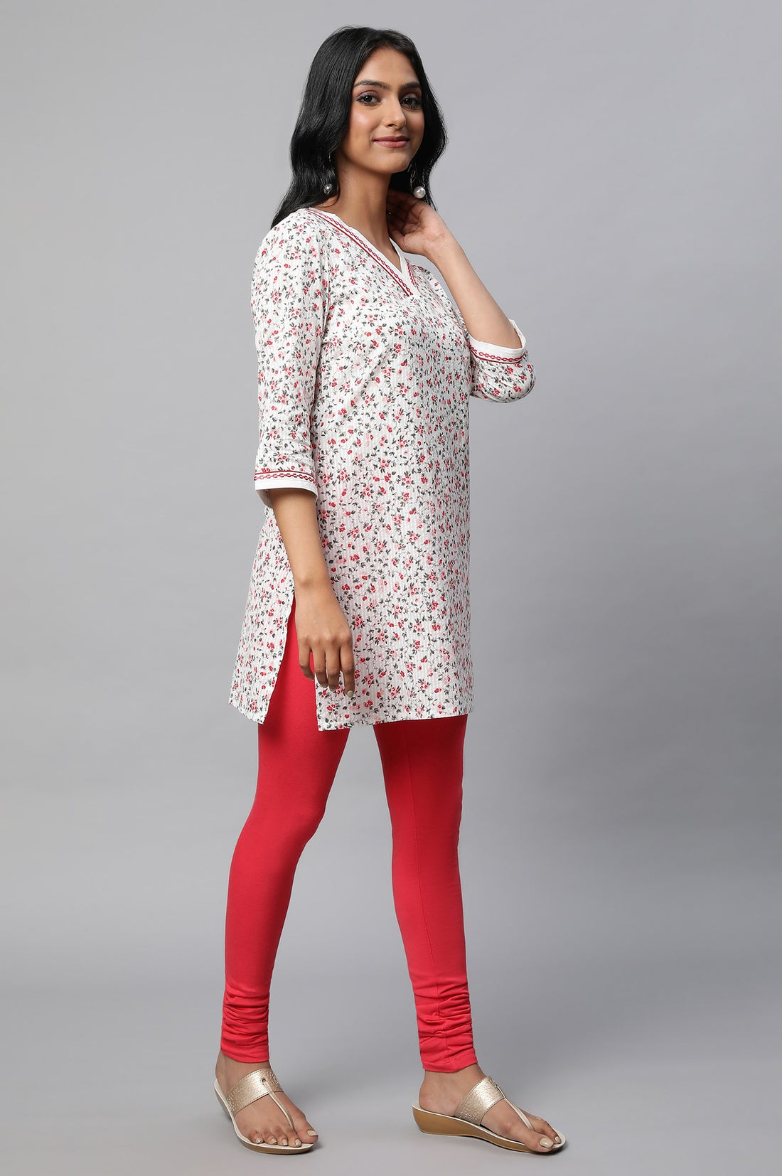 White Floral Printed Textured Cotton Kurta