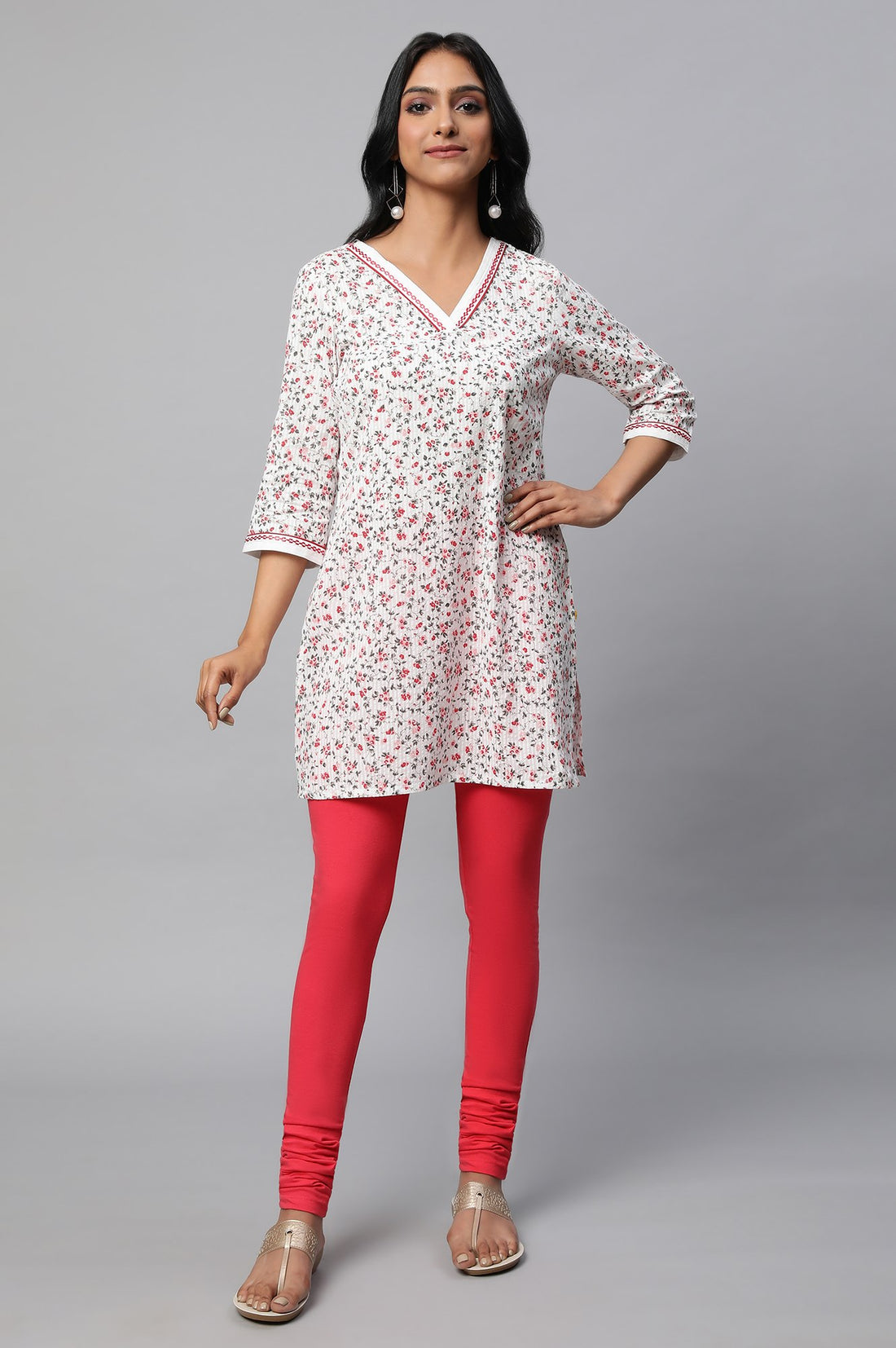 White Floral Printed Textured Cotton Kurta