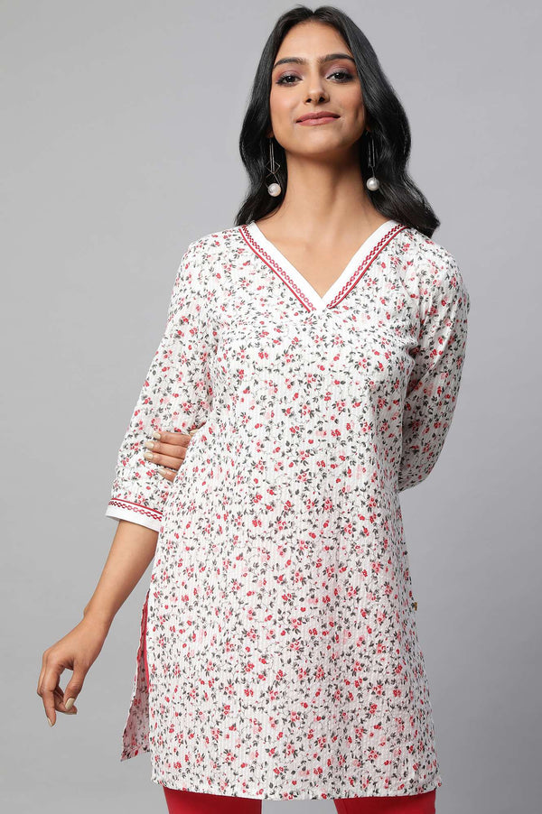 White Floral Printed Textured Cotton Kurta