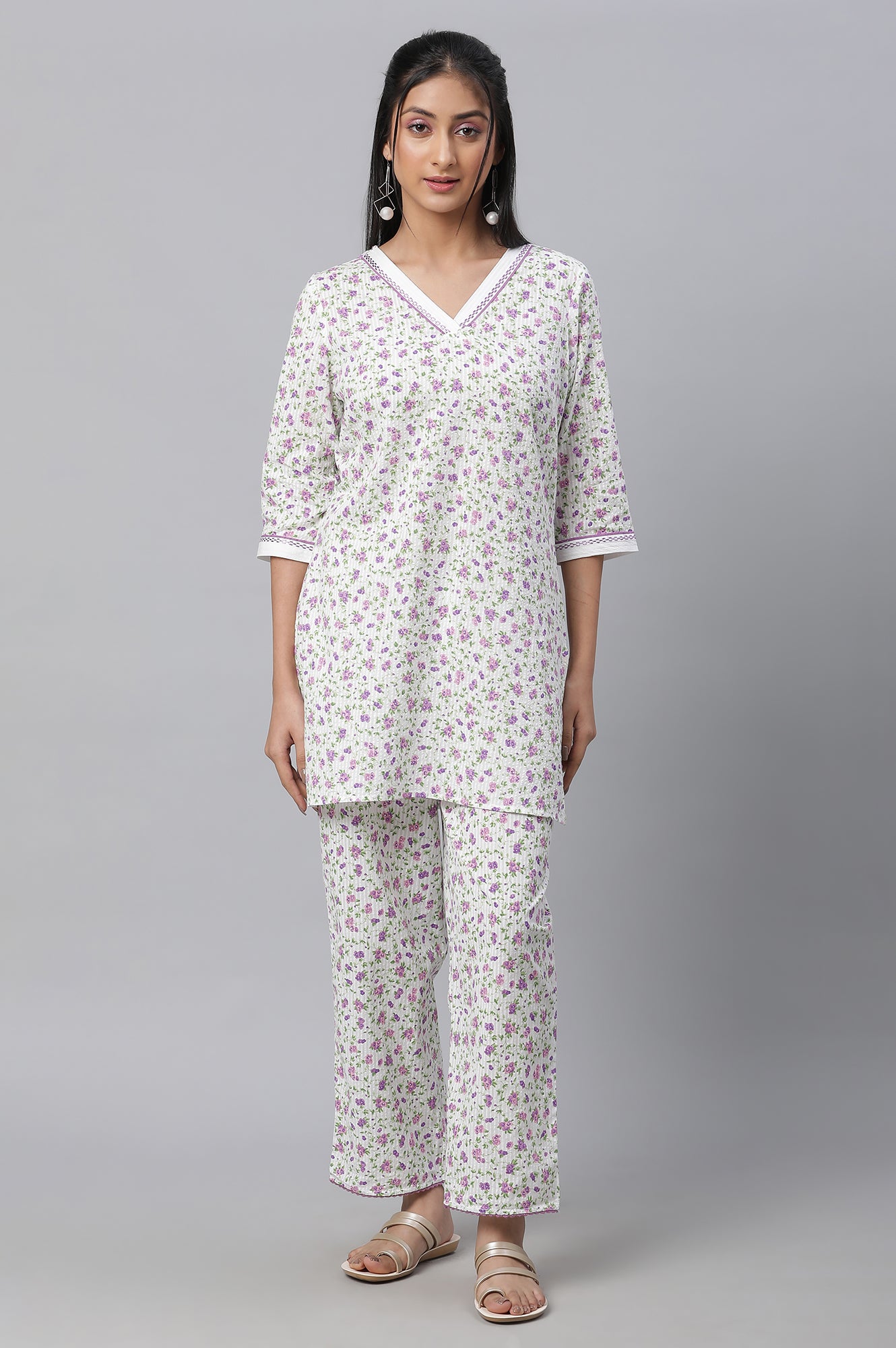 White Seer Sucker Floral Print kurta