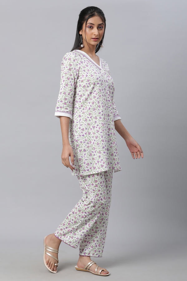 White Textured Cotton Floral Print Kurta