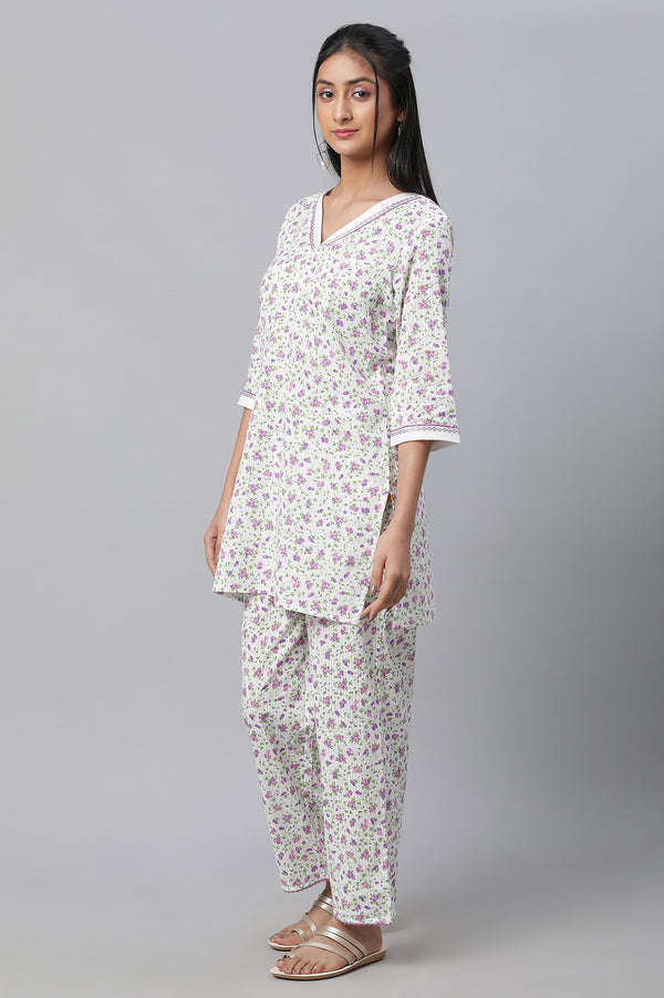 White Textured Cotton Floral Print Kurta