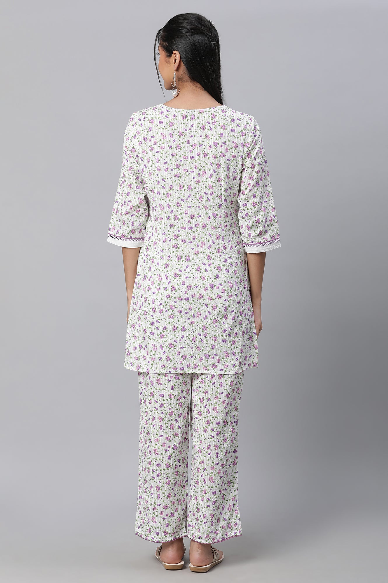 White Seer Sucker Floral Print kurta