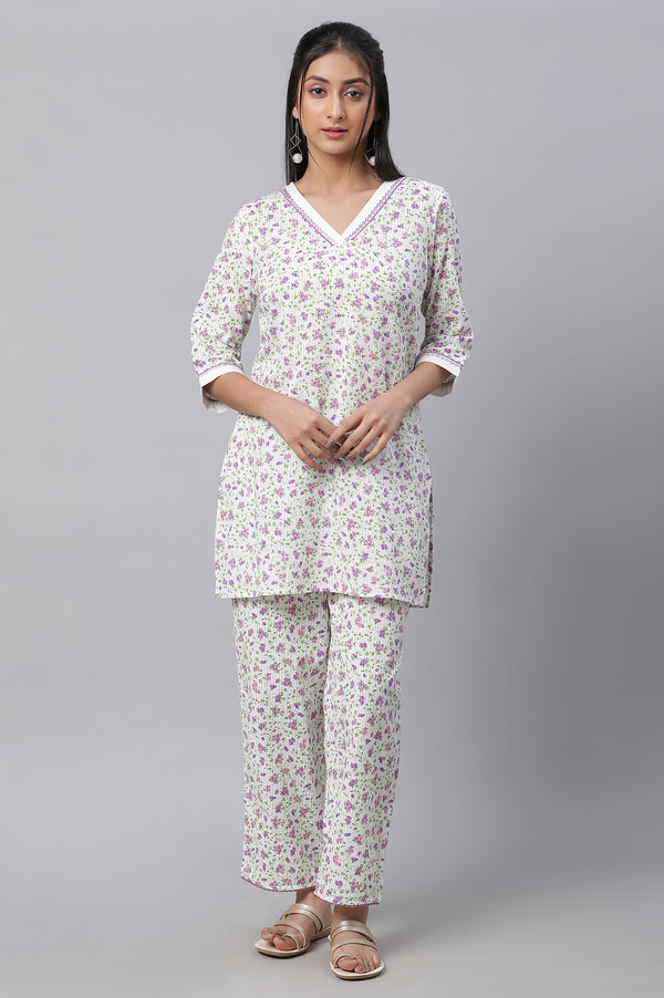 White Textured Cotton Floral Print Kurta
