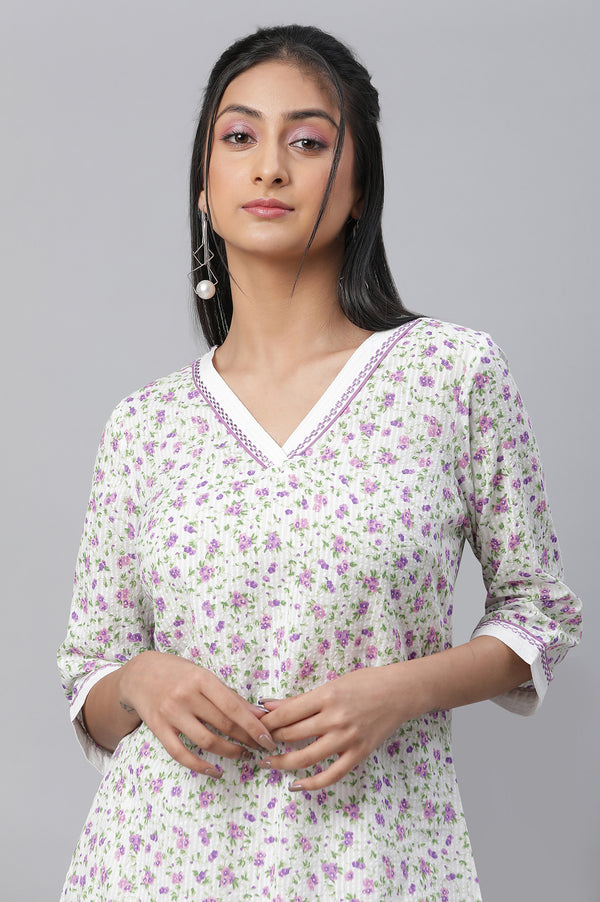 White Textured Cotton Floral Print Kurta