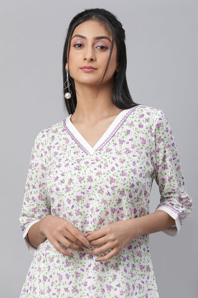 White Seer Sucker Floral Print kurta