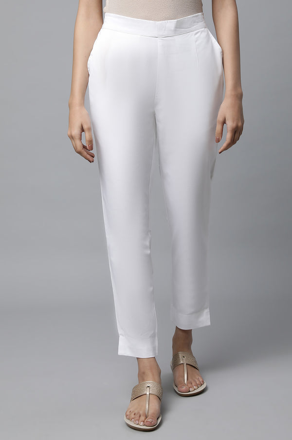 White Basic Solid Cotton Trouser Pants