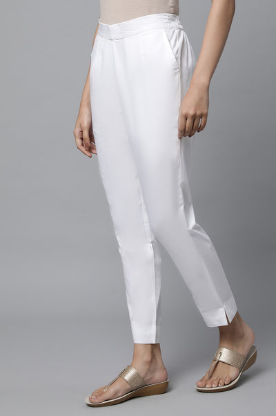 White Basic Solid Cotton Trouser Pants