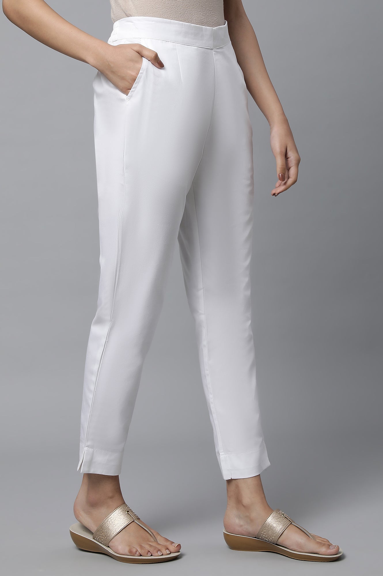 White Basic Solid Cotton Trouser Pants