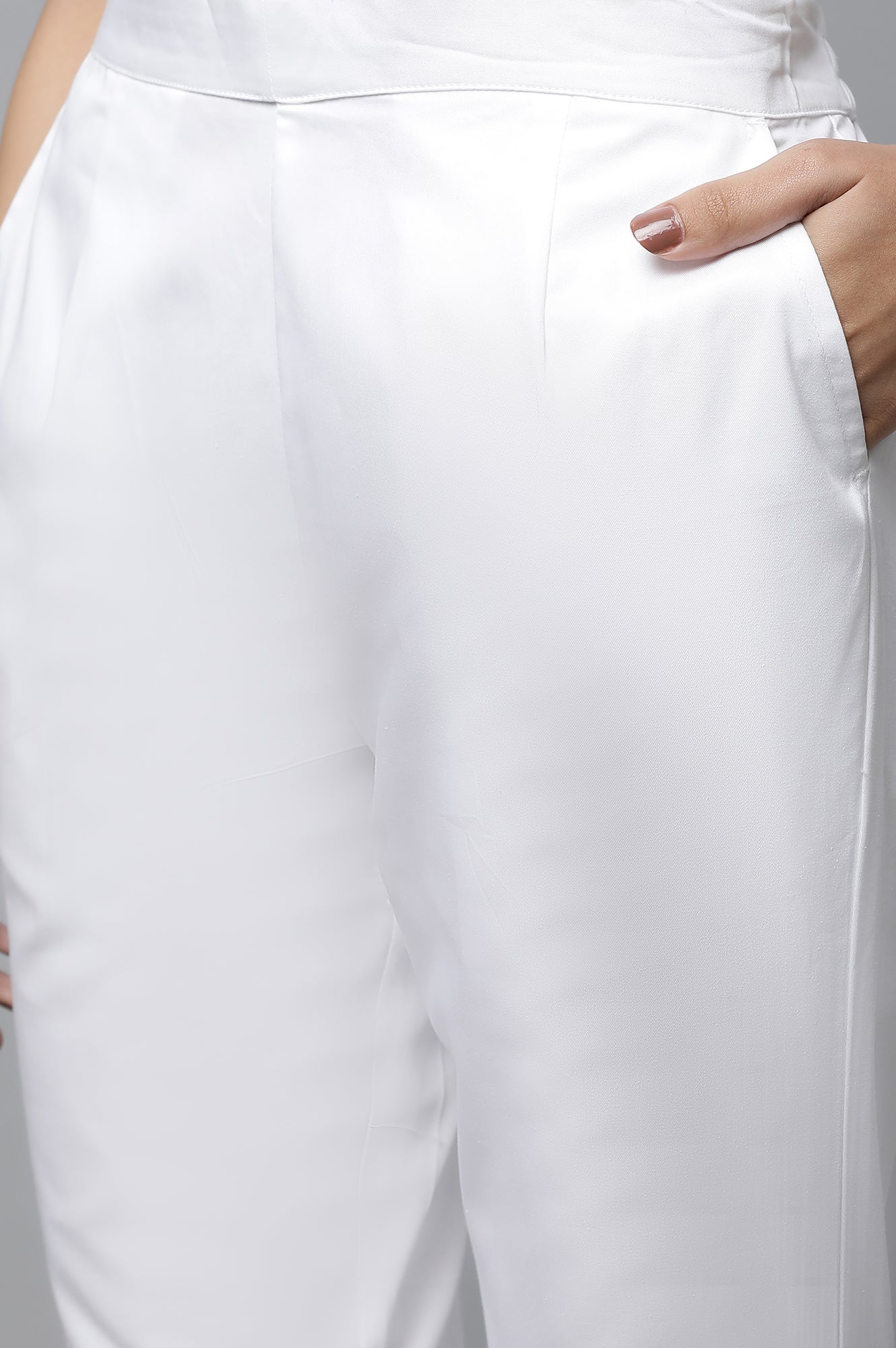 White Basic Solid Cotton Trouser Pants