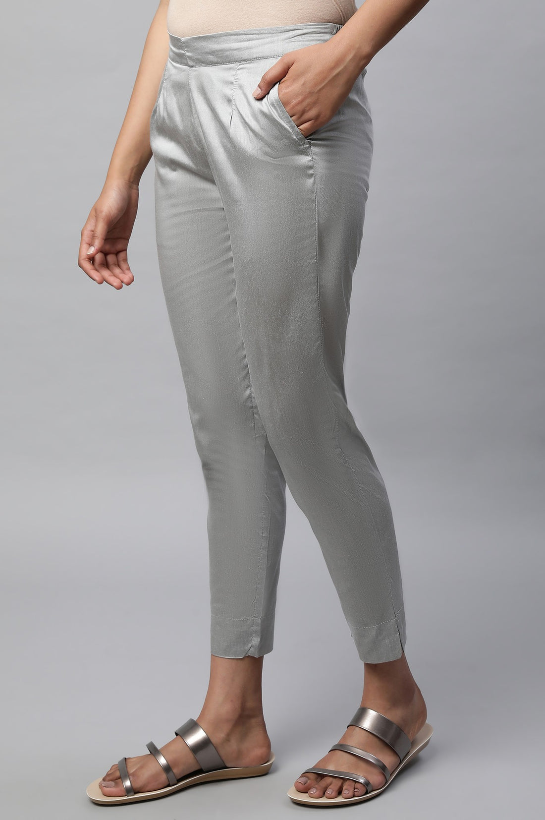 Grey Solid Plain Straight Woven Trouser