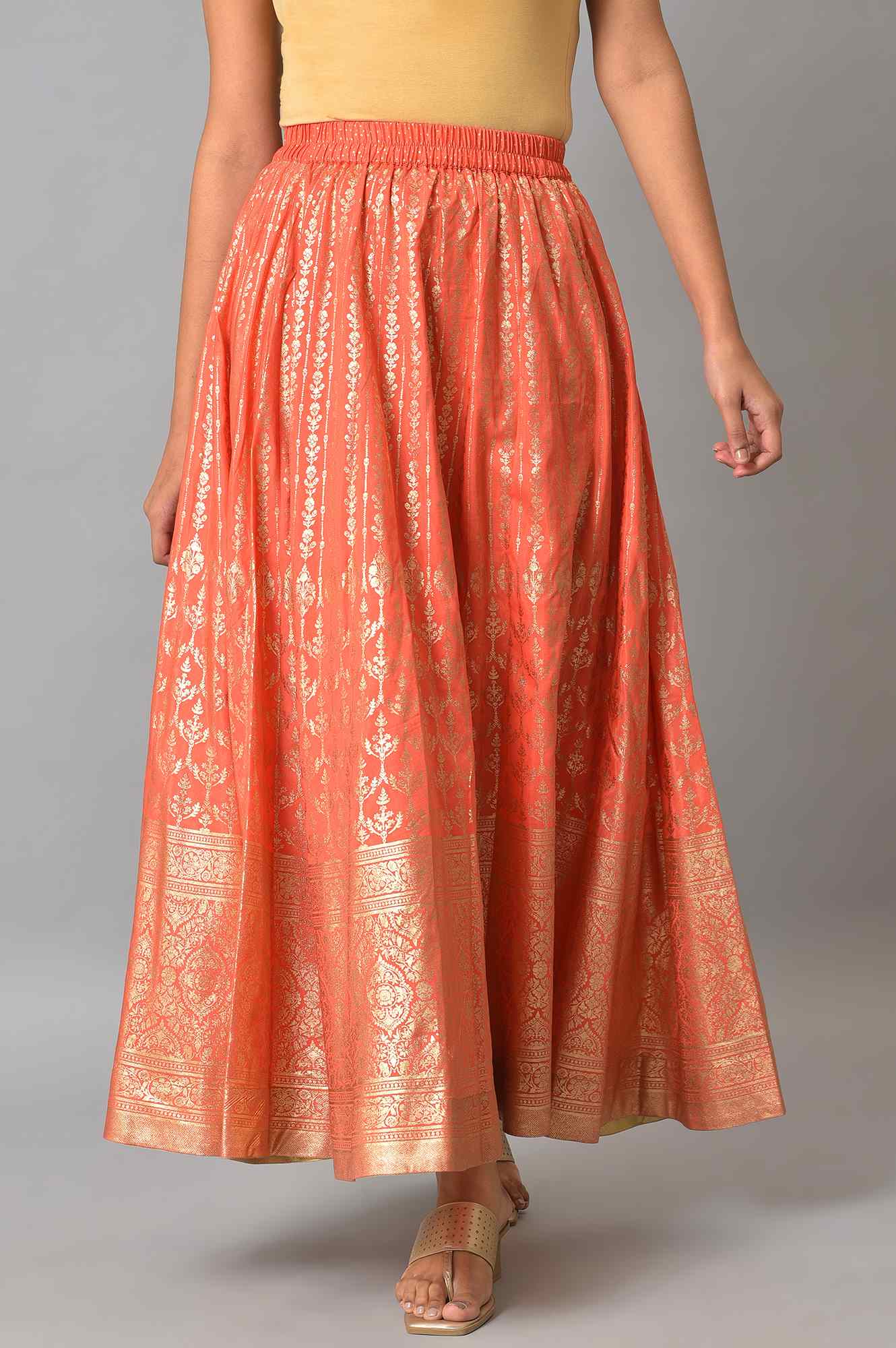 Orange Foil Printed Flared Skirt