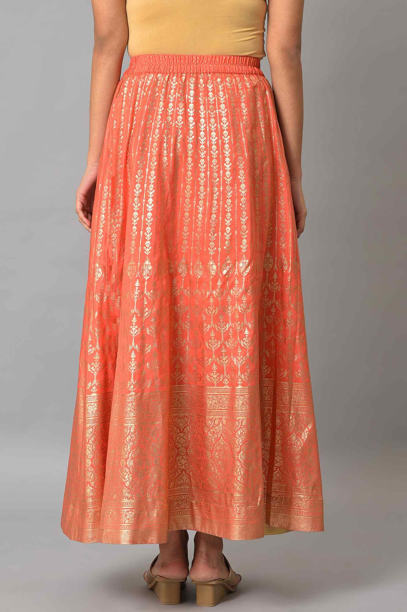 Orange Foil Printed Flared Skirt