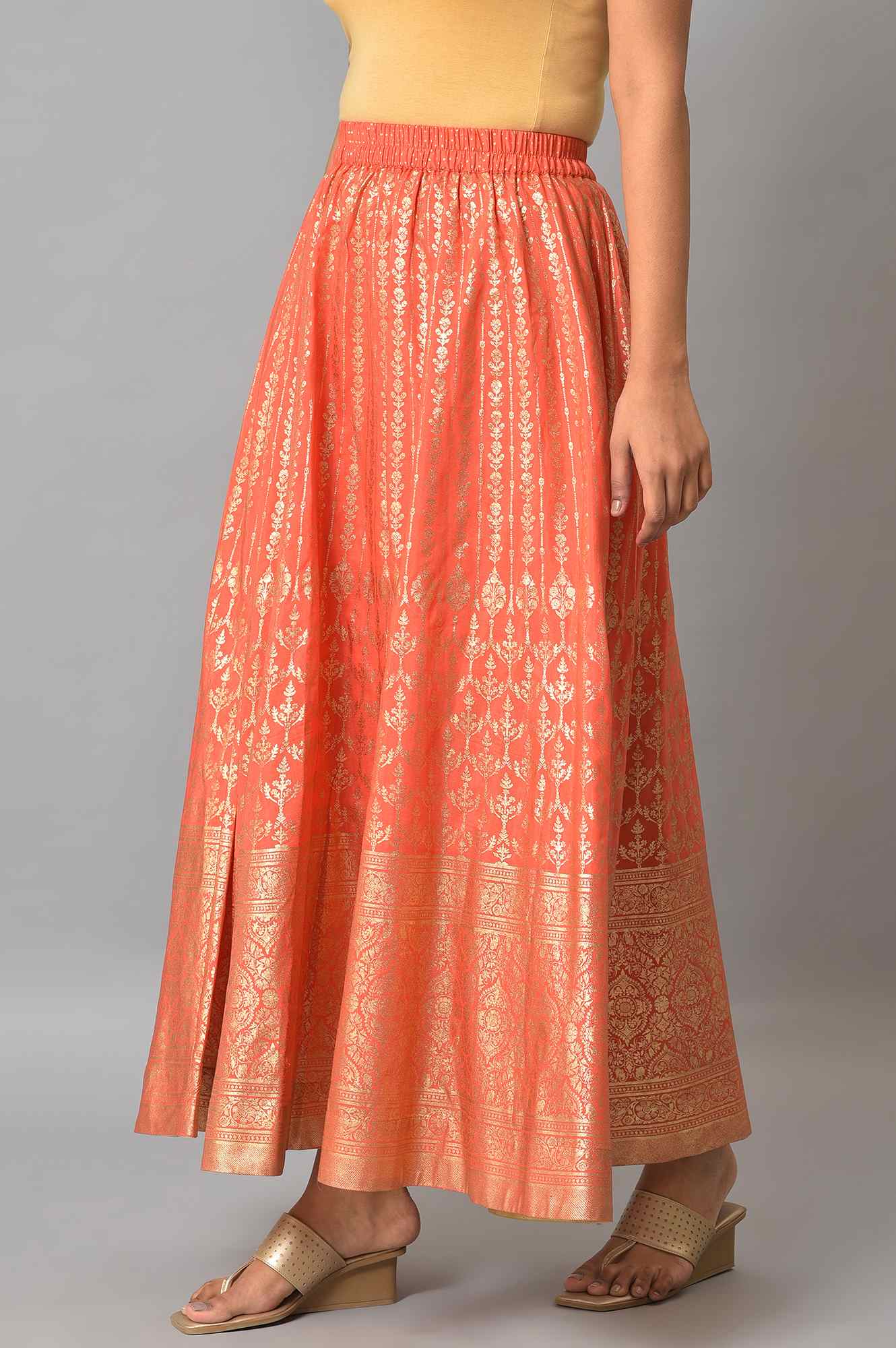 Orange Foil Printed Flared Skirt