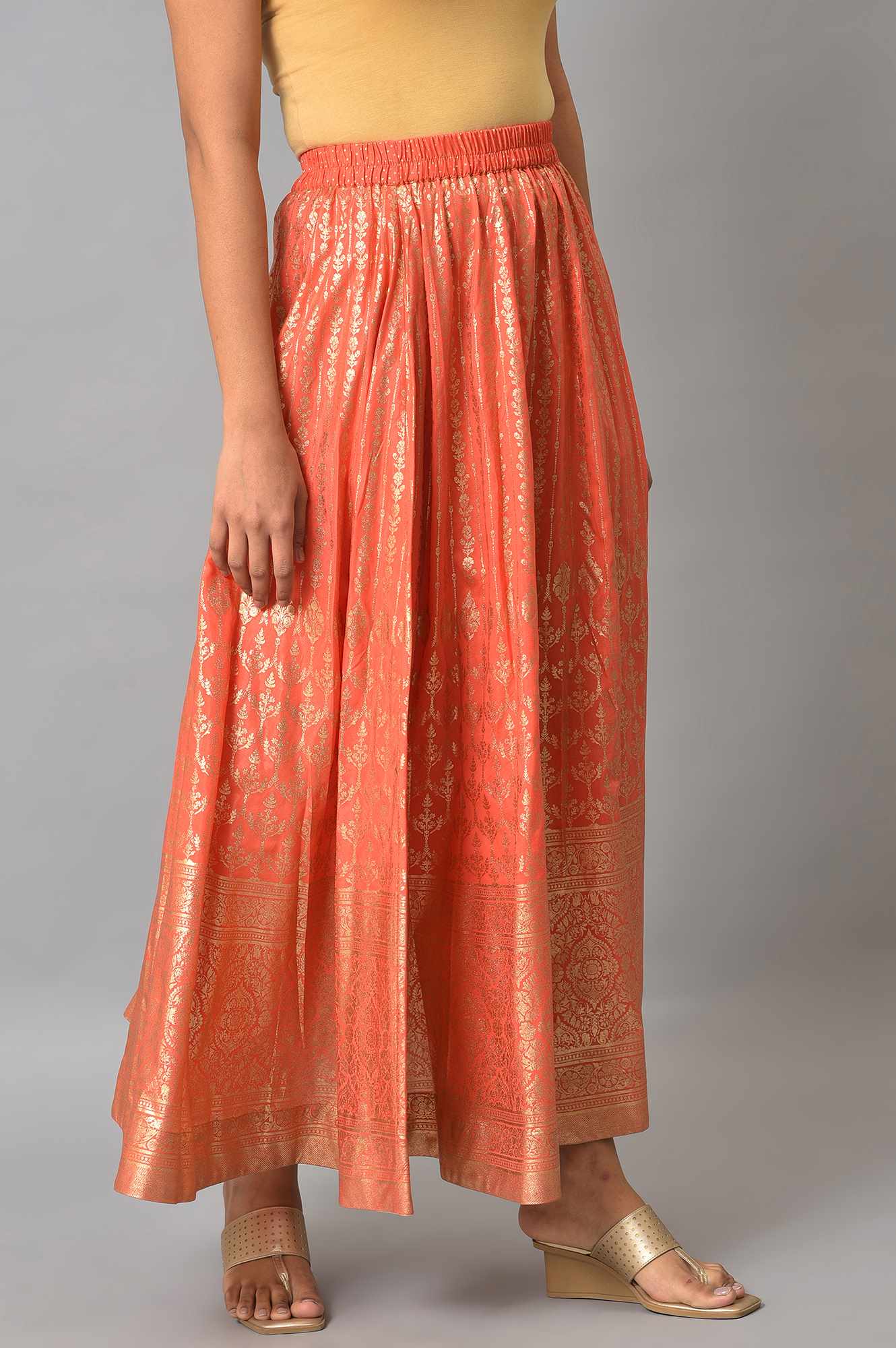 Orange Foil Printed Flared Skirt