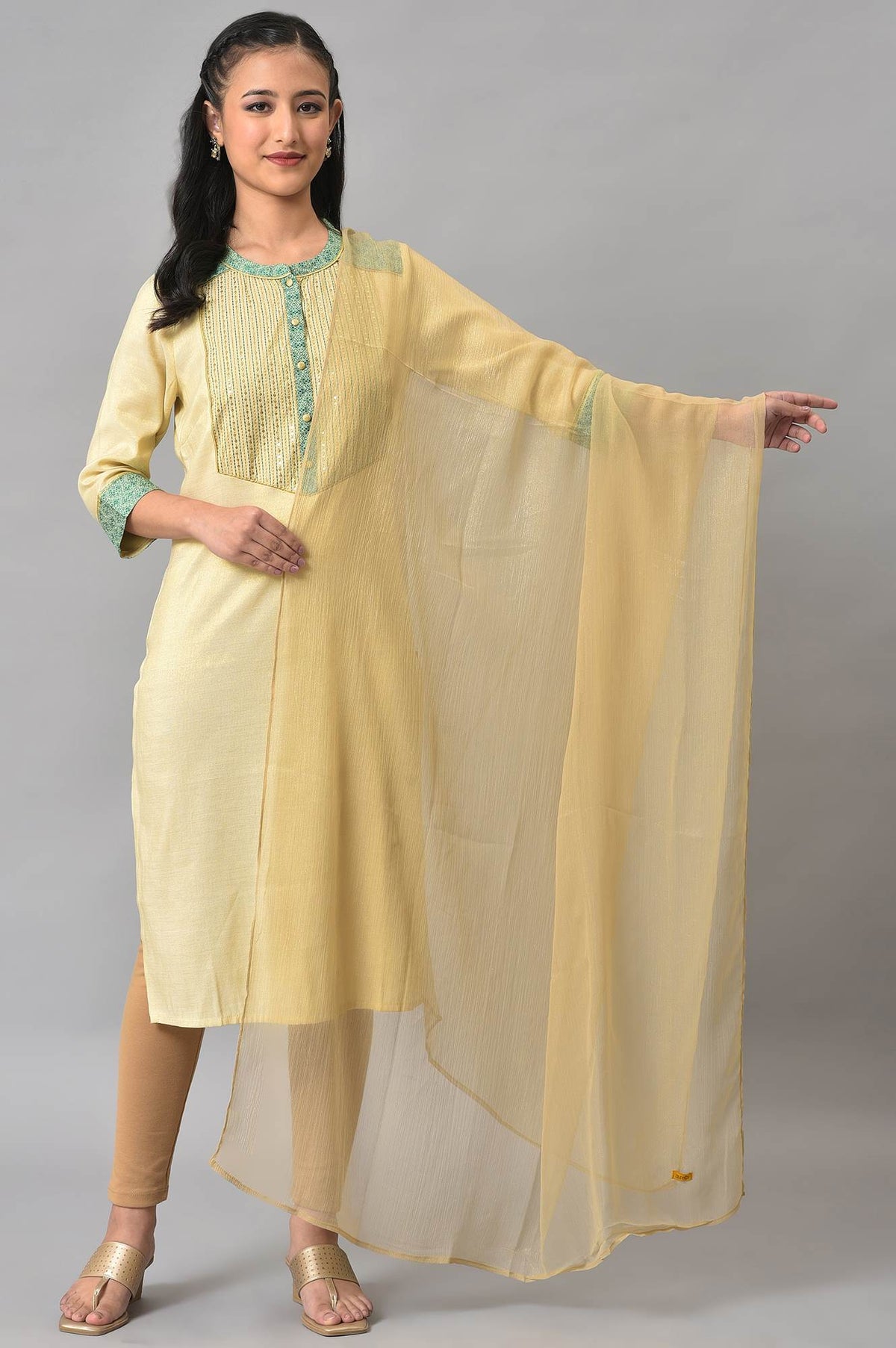 Light Gold Printed Ethnic Dupatta - FS