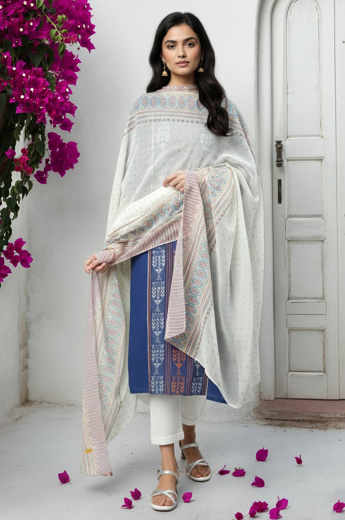 White Floral Printed Georgette Dupatta