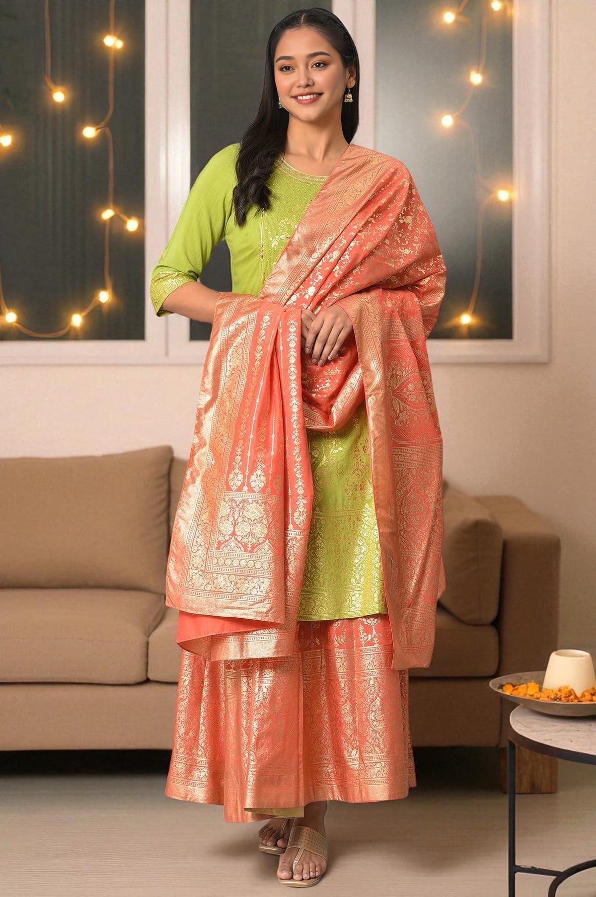 Orange Printed Ethnic Dupatta - FS
