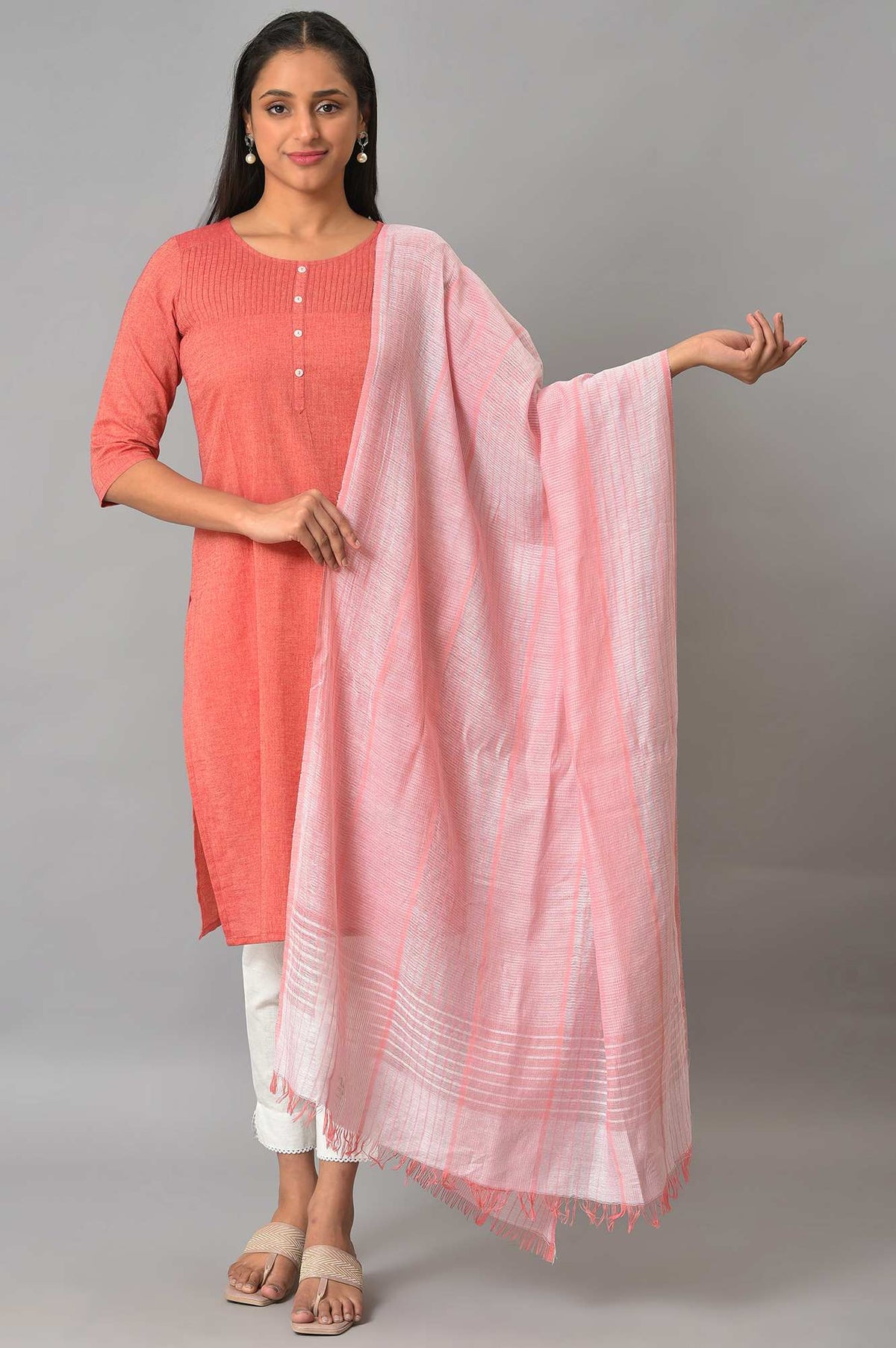 Coral And White Yarn-Dyed Premium Dupatta - FS