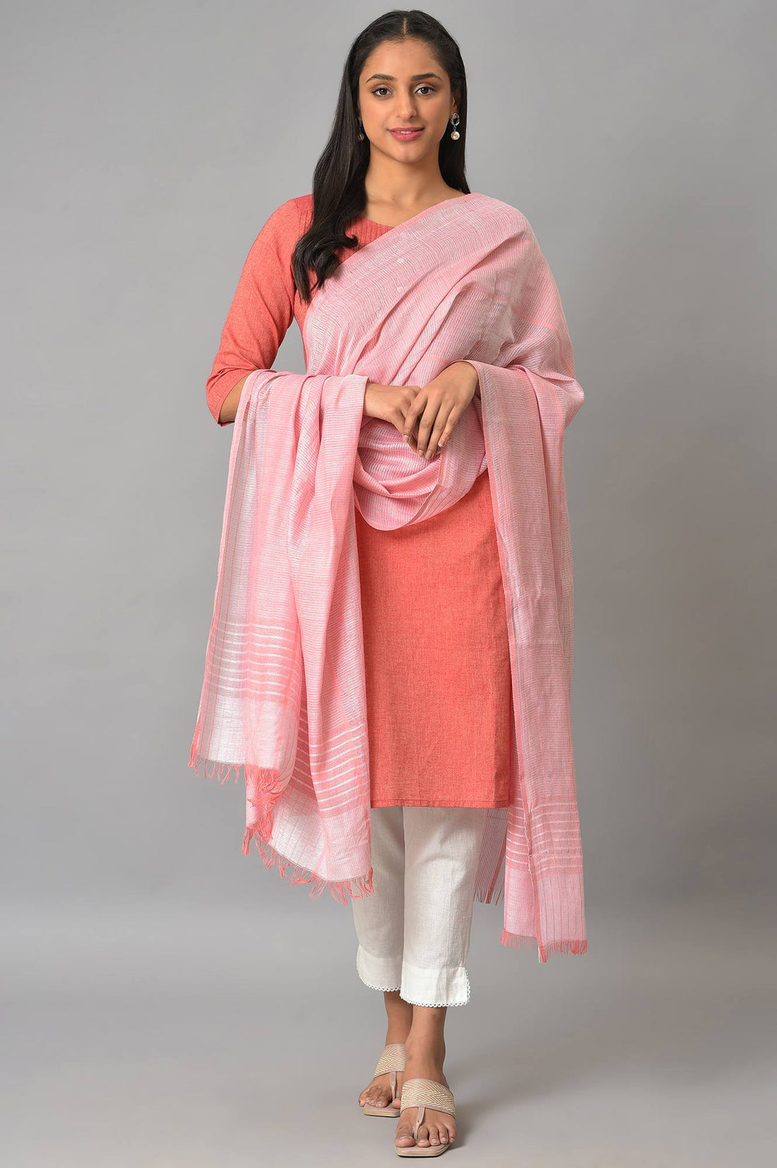 Coral And White Yarn-Dyed Premium Dupatta