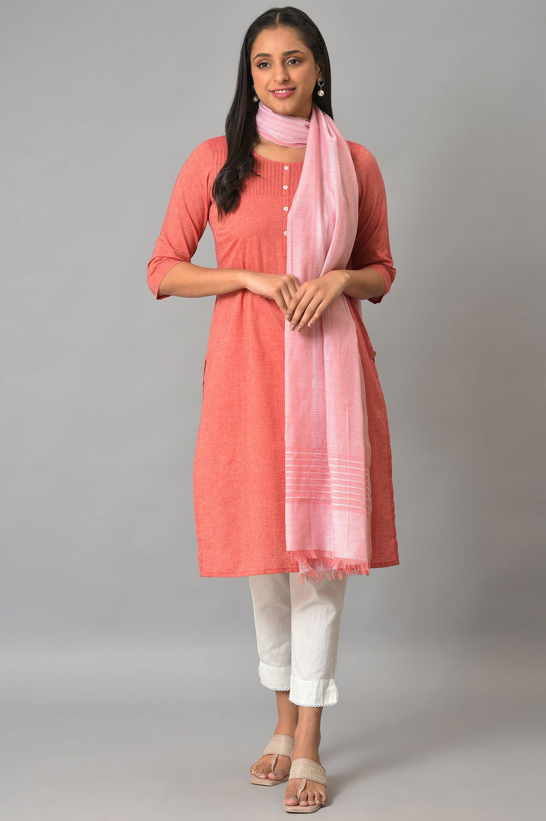 Coral And White Yarn-Dyed Premium Dupatta