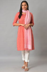 Coral And White Yarn-Dyed Premium Dupatta