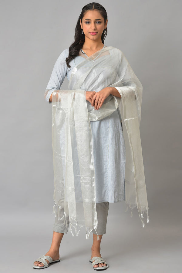 Silver Solid Yarn-Dyed Tassel Rectangular Zari Dupatta