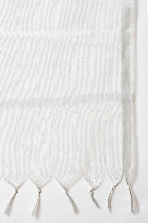 Silver Solid Yarn-Dyed Tassel Rectangular Zari Dupatta