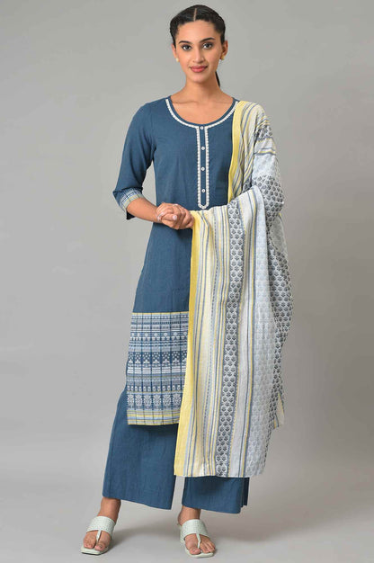 Blue Yarn-Dyed Cotton Kurta Set