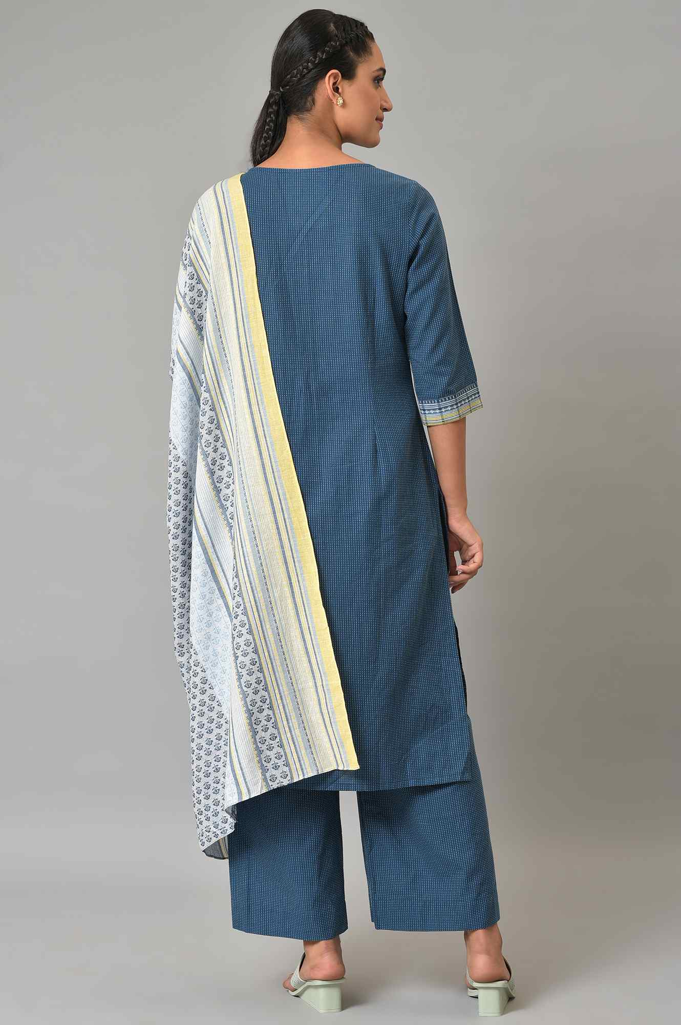 Blue Yarn-Dyed Cotton kurta Set