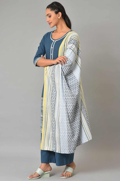 Blue Yarn-Dyed Cotton kurta Set