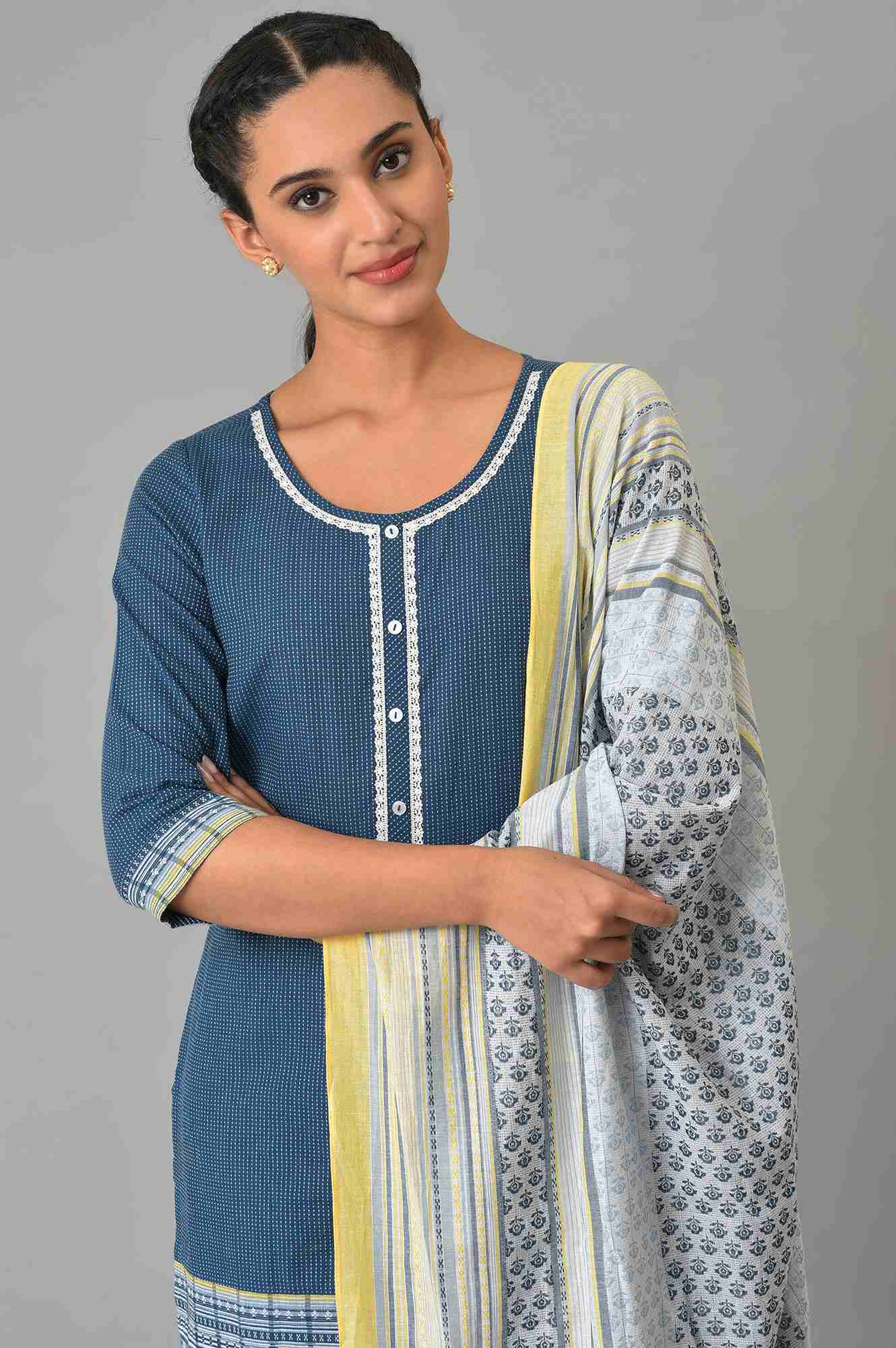 Blue Yarn-Dyed Cotton kurta Set