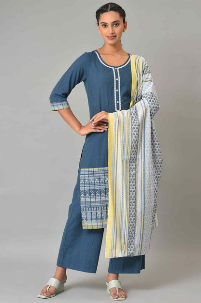 Blue Yarn-Dyed Cotton kurta Set