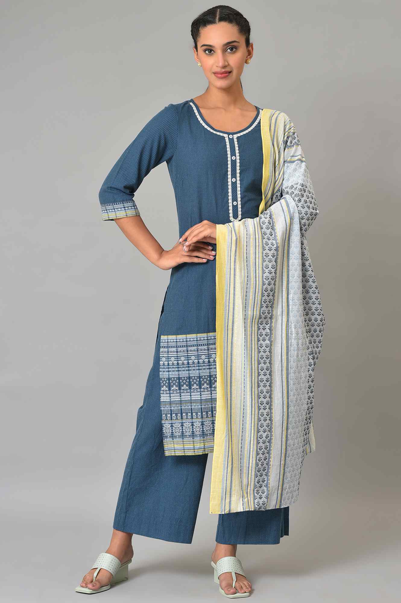 Blue Yarn-Dyed Cotton Kurta Set