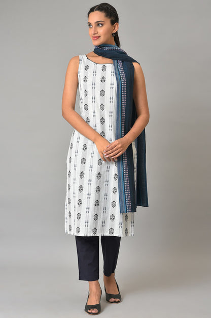 White Floral Cotton Sleeveless kurta Set