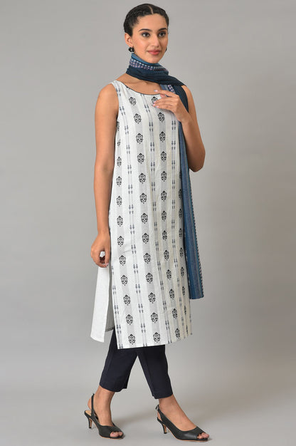 White Floral Cotton Sleeveless kurta Set