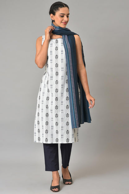 White Floral Cotton Sleeveless kurta Set