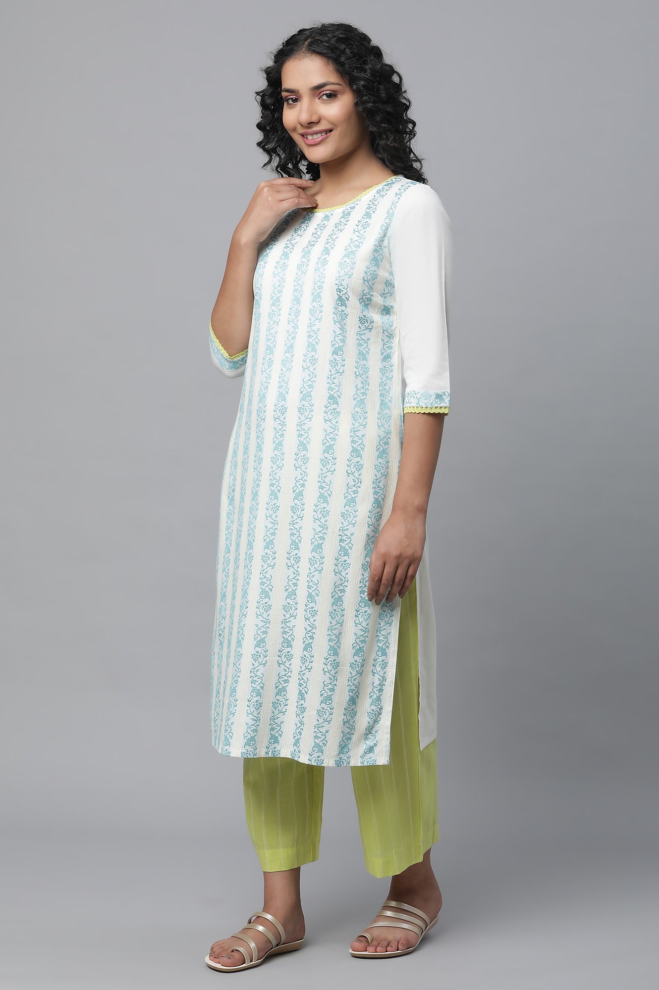 White Floral Printed Cotto kurta Set