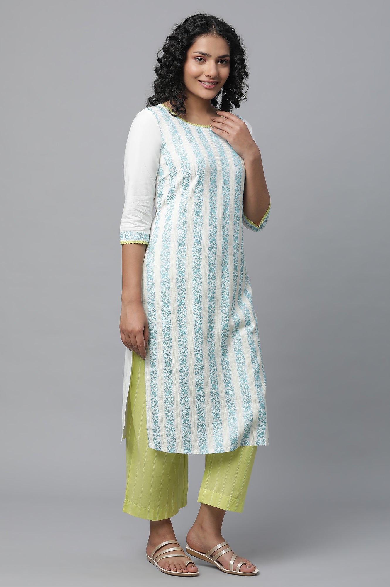 White Floral Printed Cotto kurta Set