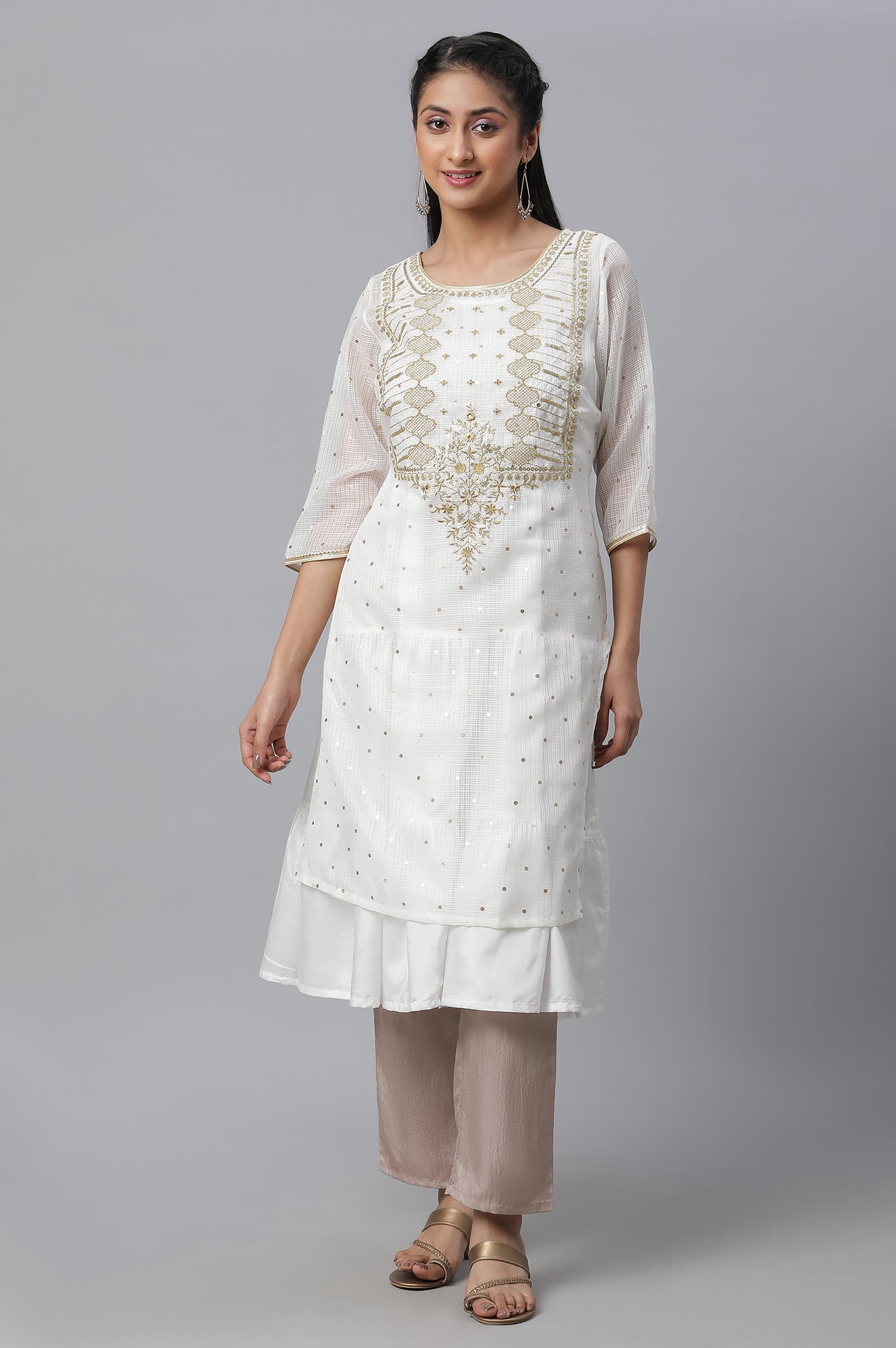 White Foil Printed Embroidered Kota kurta &amp; Tiered Inner Set