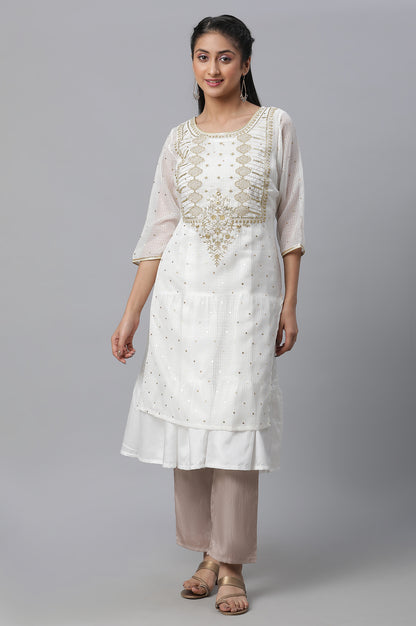 White Foil Printed Embroidered Kota kurta &amp; Tiered Inner Set