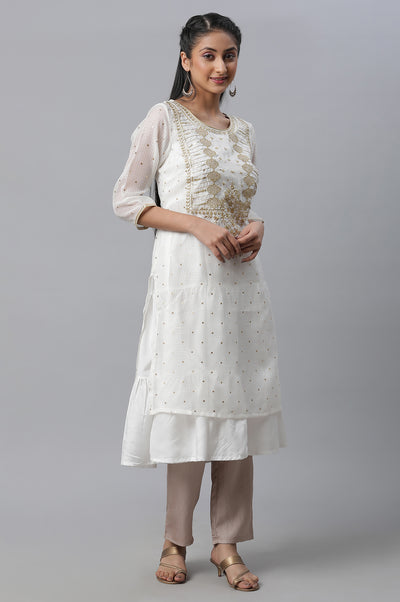 White Foil Printed Embroidered Kota kurta & Tiered Inner Set